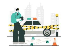 Illustration of Crime Scene Investigation with Detectives Analyzing Clues and Victim vector