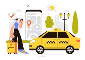 Illustration of a Ride-Hailing Service Using a Mobile App for Destination Travel vector