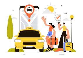 Illustration of Online Taxi Booking Service Using a Mobile App for Travel in Flat Style vector