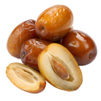 A cluster of plump, amber-colored dates with a smooth, glossy surface, displayed alongside one halved to show the soft, sticky interior png