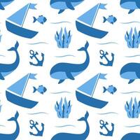 Seamless Pattern Design with Ocean-Themed Hand-Drawn Elements in Flat Cartoon Style vector