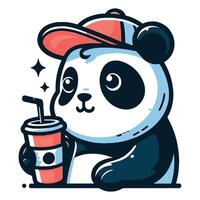 Cool Panda with Drink Stylish Cartoon Bear in Cap Illustration vector