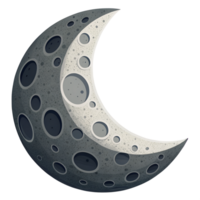 Illustration of Moon icon, crescent shape with gray craters, isolated on transparent background png