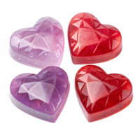 herzförmig Seife Riegel sind klar und kristallartig, mit Schatten von rot und lila. isoliert auf ein transparent Hintergrund png