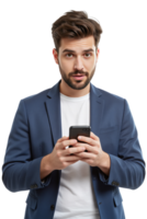 A man using a voice assistant on his smartphone, looking intrigued., isolated on a transparent background png