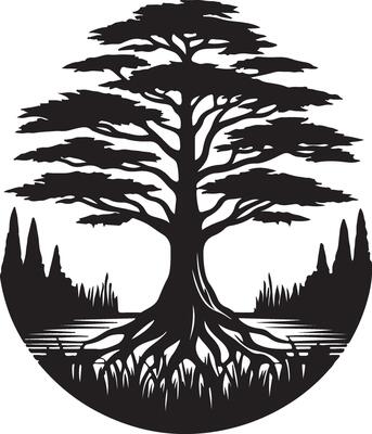 a black and white logo of a tree with roots