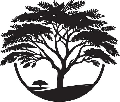 The black and white logo of a tree with leaves
