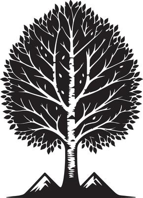 a black and white tree with leaves on it