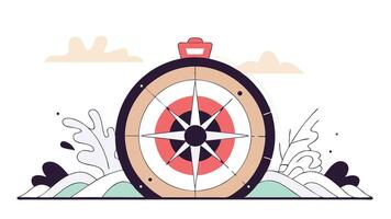 Stylized Flat Round Illustration of a Nautical Compass with Ocean Waves in Minimalist Design vector