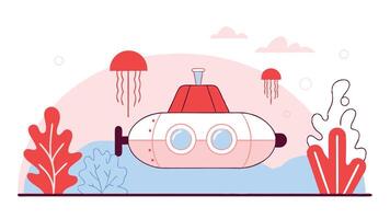 Round Flat Nautical Art of a Submarine Exploring the Deep Sea with Glowing Jellyfish vector