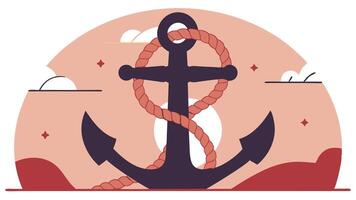 Modern Flat Round Nautical Illustration of an Anchor with Ropes on a Minimalist Ocean Background vector