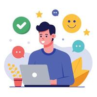 illustration of a man studying customer feedback surveys to evaluate the impact of customer service on product satisfaction and overall brand perception. vector