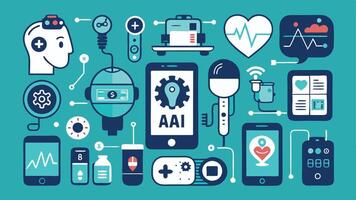 icons representing AI-driven health monitoring, smart medical devices, and advanced fitness trackers for digital healthcare. vector