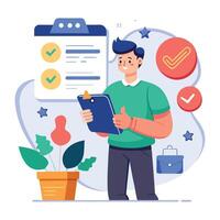 illustration of a man reviewing survey feedback to make data-driven decisions aimed at improving service quality and customer satisfaction. vector