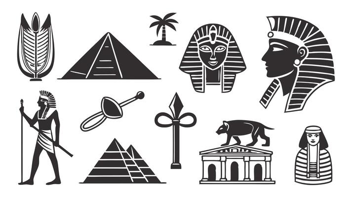 icons featuring ancient Egypt symbols, including pyramids, hieroglyphs, pharaohs, and the Sphinx.