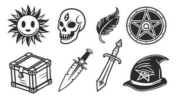 flat icons silhouettes of magical artifacts, including cursed amulets and enchanted daggers. vector