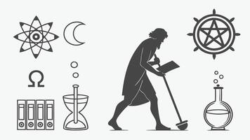 flat icons silhouettes of ancient alchemy tools, transmutation circles, and runes for mystical science themes vector