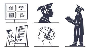 icons representing AI-powered education, smart learning, VR-based teaching, and interactive hologram technologies. vector