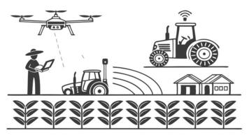 flat icons silhouettes displaying futuristic farming with drones and automated greenhouses. vector