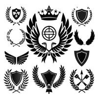 elegant icons of laurel wreaths, shields, wings, ribbons, and heraldry for awards and badges vector