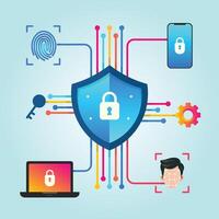 Cyber Security Illustration with Biometric Protection Fingerprint and Face Recognation vector