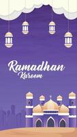 Ramadan Kareem with Purple Mosque and Lantern under the Clouds Illustration vector