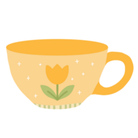 warm yellow cup featuring a simple tulip design with green leaves. Small white sparkles surround the flower, adding a touch of charm, while a striped accent decorates the bottom png
