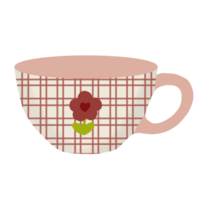 A soft beige cup adorned with a classic red plaid pattern, featuring a charming red flower with a heart-shaped center. The muted pink rim and handle add a warm, vintage touch png