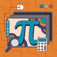 Vibrant Pi Day Digital Celebration Illustration with Calculator, Magnifying Glass, and Mouse Against an Orange Background vector