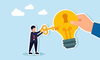 A businessman intends to insert a key into a hole on a light bulb handed by another hand, illustration of a solution to gain business ideas and innovations vector