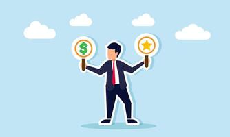 A businessman holds two boards in each hand, featuring a star and a dollar sign, illustration of two choices between gaining profit or improving business service quality vector