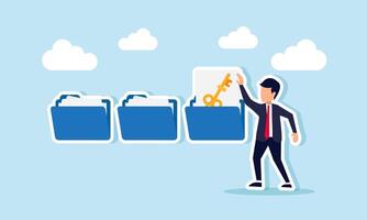 A businessman takes a key-marked document from a folder, illustration of important business documents vector
