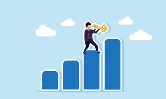 A businessman stands on a chart holding a key, illustration of a solution to increasing business performance exposure vector