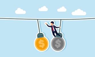 A businessman hangs and tries to reach a dollar coin-shaped lamp in front of him, illustration of transitioning to another business investment field vector
