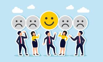 Businesspeople gather, each with a gray sad emoticon above their head, except for one happy emoticon retaining its original color, illustration of tendency in choosing a business partner vector