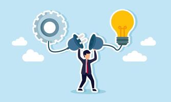 A businessman prepares to connect a power plug linked to a system gear and a lit lamp, illustration of connectivity between business management efficiency and creative ideas vector
