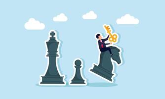 Businessman carries a key while riding a chess knight to move, illustration of movement in solving business problems vector