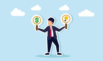 A businessman holds two boards in each hand, featuring a light bulb and a dollar sign, illustration of two choices between gain profit or execute new business ideas and innovations vector