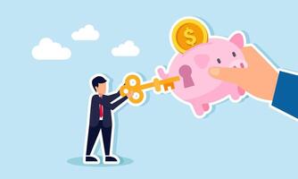 A businessman intends to insert a key into a hole on a piggy bank handed by another hand, illustration of a solution for business financial investment vector