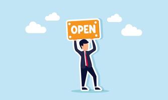 A businessman holds up a sign that says OPEN, illustration of socialization and education about openness in accepting investors vector