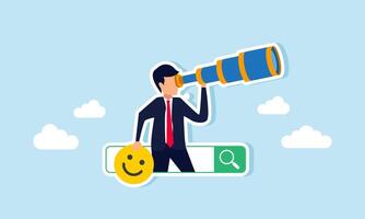 A businessman emerges from a search engine, peering into the distance while holding a happy emoticon, illustration of efforts in monitoring and analyzing market attention vector