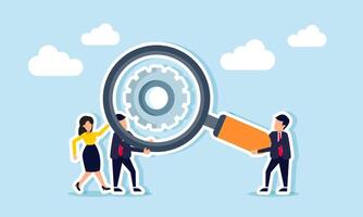 Businesspeople collaborate to lift a magnifying glass labeled with a gear system, illustration of evaluation and analysis related to business company system performance vector