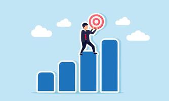 A businessman stands on a chart holding a target board, illustration of performance improvement related to business target completion vector