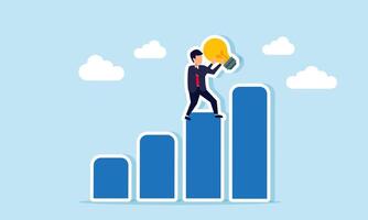 A businessman stands on a chart holding a lit lamp, illustration of business ideas and innovation to improve business performance vector