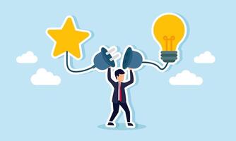 A businessman prepares to connect a power plug linked to a star and a lit lamp, illustration of connectivity between business quality improvement and creative ideas and innovation vector