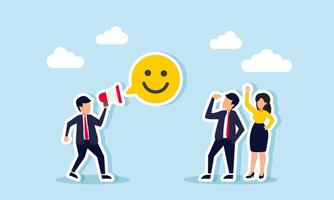 A businessman talks to another entrepreneur use a megaphone, forming a happy emoticon in a chat bubble, illustration of promote and education for the team on gaining market attention vector