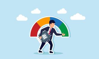 A businessman carries an AI processor chip and points at the green indicator on a speedometer, illustration of AI technology usage that enhances business work efficiency vector