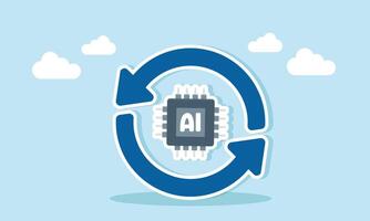 The recycle symbol surrounds an AI processor chip, illustration of a refresh related to AI technology usage vector