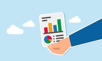 A hand holds and offers a work document containing a diagram and pie chart, illustration of submitting a business project report vector