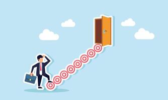 A businessman prepares to climb stairs formed by a row of target boards leading to a door, illustration of step by step in achieving business targets vector